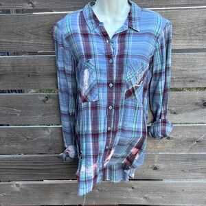 Distressed Blue and Red Plaid Button-Up Shirt by “Jagged Threads”
